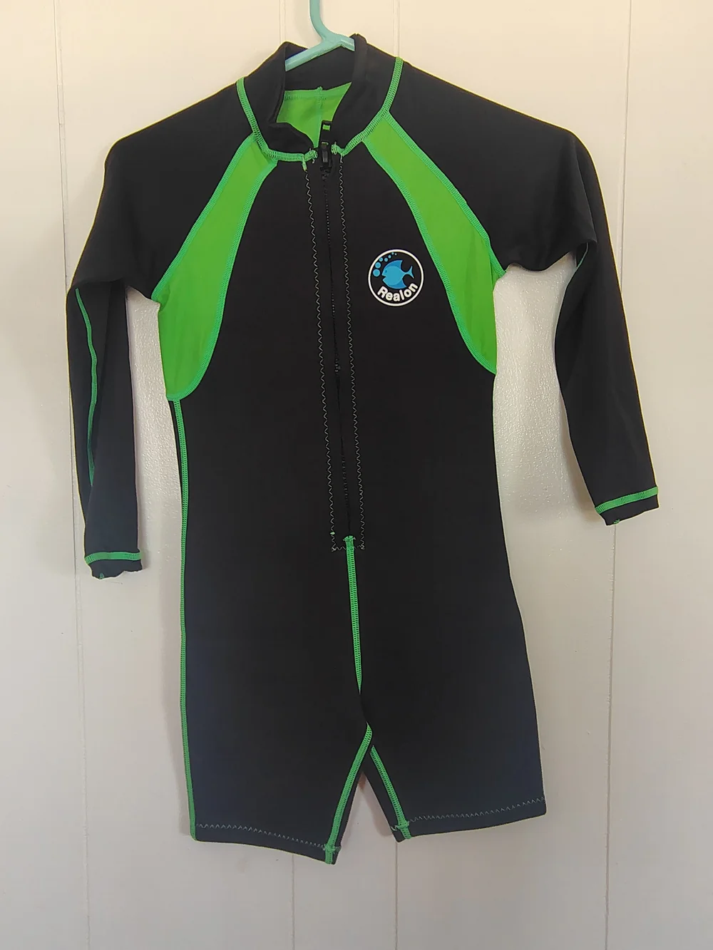 Realon Kids' Black and Green Long-Sleeve Swim Suit Size M.